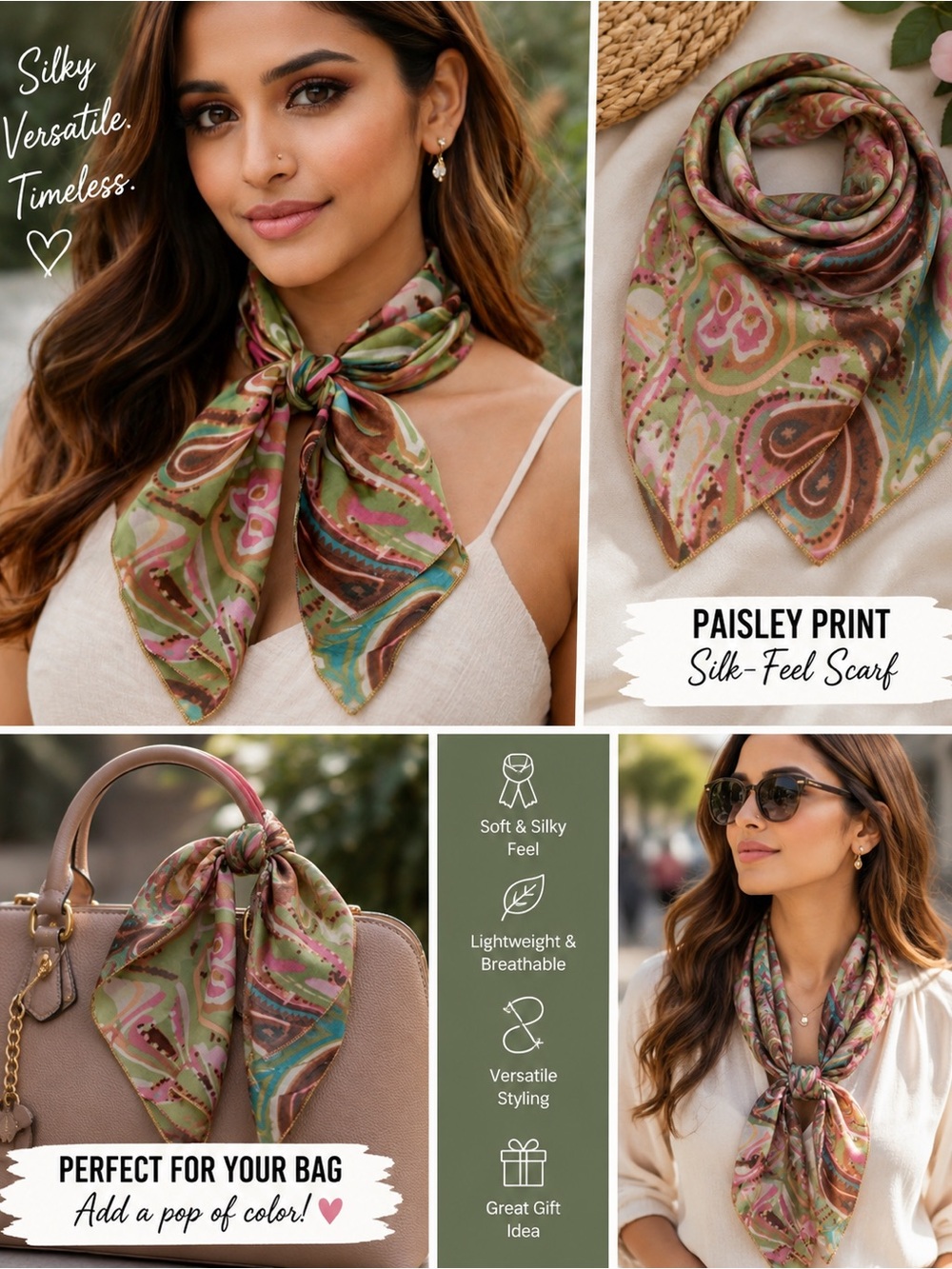 Silk-Feel Paisley Print Neck Scarf or Bag Scarf
